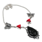 Natural Black Onyx, Coral Gemstone 925 Sterling Silver Jewelry Necklace 18 p9w91