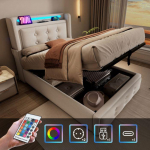 Voodi 90x200 - MUVOE - LED-peatsi - USB-laadija - Beež - Puuvill hall
