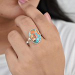 Oyster Turquoise Statement S&otilde;rmus, 925 Sterling H&otilde;be, Minimalistlik Ovaalse L&otilde;ikega Kivist S&otilde;rmus, K&auml;sit&ouml;&ouml; Ehe 4 h&otilde;be