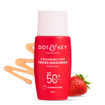 Dot & Key Strawberry Dew toonitud p&auml;ikesekaitsekreem SPF 50+ PA++++ Toon 02 Warm Ivory Vesi ja higi vastupidav 50 ml Igap&auml;evaseks kasutamiseks red