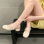 Klassikalised punased Mary Jane naiste lakknahast keskmise k&otilde;rgusega kontsadega sandaalid kahe pandlaga rihmkingad Femme Slingback Lolita jalatsid 35 beež