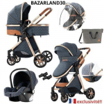 BAZARLAND30.Poussette 3 en 1 B&eacute;b&eacute; Combin&eacute;e Si&egrave;ge-Auto Nacelle Trio R&eacute;versible R&eacute;glable Haute Qualit&eacute; Roues increvables Canne.Bleu