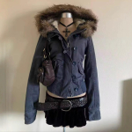 Talvine Ameerika Vintage Mood Harajuku Kapuutsiga Jakk Naistele Kitsas Pruun Karusnahkse Kraega L&uuml;hike Mantel Vabaaja T&auml;navamood &Scaron;ikk &Uuml;ler&otilde;ivas XS sinine