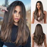 ALAN EATON Honey Blond Esilet&otilde;stetud pruunid pikad lainelised s&uuml;nteetilised parukad Naturaalse juuksepiiriga Keskosa parukad naistele kuumakindlatele juustele