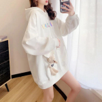 Suures suuruses kapuutsiga dressipluus naiste s&uuml;gise soojad vabad karup&uuml;ksid vabaaja sportlikud suured taskuga topid M valge