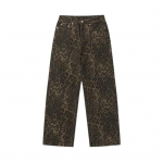 Unisex teksad Leopardimustriga hip-hop lai jalg lahtised sirged taskud, n&ouml;&ouml;bid, lukuga, pehmed t&auml;navar&otilde;ivad noortele t&auml;iskasvanutele m&otilde;eldud pikad p&uuml;ksid L Leopard Print