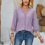 &Uuml;hev&auml;rviline kolmveerandvarrukatega V-kaelusega vabaaja naiste T-s&auml;rk S valge