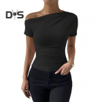 Naiste suvine T-s&auml;rk viltune krae l&uuml;hikeste varrukatega Slim Fit t-s&auml;rk &uuml;hev&auml;rviline, k&uuml;lgmine s&auml;rk, pullover S must