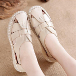 Summer Cowhide Women Shoes Large Size Anti-skid Vintage National Style Flat Soft Bottom Genuine Leather Hollow Out Single Female Shoes 35 beež