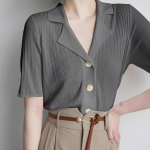 Suvine Turn Down kaelarihm, &uuml;hev&auml;rviline kudumine naiste l&uuml;hikeste varrukatega T-s&auml;rk, vabaaja s&auml;rk, naiste n&ouml;&ouml;pidega s&auml;rk One Size valge