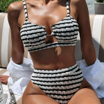 Push Up bikiinikomplekt Seksikas naiste ujumistrikoo Ujumisriided ujumistrikoo Biquini k&otilde;rge v&ouml;&ouml;kohaga bikiinid triibuline ujumiskost&uuml;&uuml;m rannariided S must