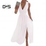 Naiste &otilde;htukleit V-kaelusega varrukateta plisseeritud l&otilde;hestatud &auml;&auml;ris, &otilde;huke v&ouml;&ouml;koht maapinnast &uuml;hev&auml;rviline pulmakokteilipeokleit ballile S roosa