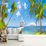 Seinatapeet 3D Merevaade Kookosp&auml;hklipuu maastik Fototapeet Elutoa Seinatapeet Magamistoas 200 cm(W) x 140 cm(H)