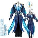 Uus Neuvillett Cosplay Kost&uuml;&uuml;m Fontaine &Uuml;lemkohtunik Vankumatu Kohtuotsuse Korraldaja &Uuml;likond Halloweeni R&otilde;ivas L-(Costume+Wig) blue