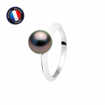 PERLINEA - Bague Jonc Simple - V&eacute;ritable Perle de Culture de Tahiti - Ronde Diam&egrave;tre 8-9 mm - Argent 925 Milli&egrave;mes - Bijou Femme