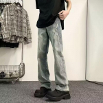 Meeste retro pestud vintage laiad teksad, meeste lahtised sirged teksad vabaaja mitmek&uuml;lgsed rippuvad pikad p&uuml;ksid S sinine