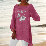 Naiste moodne 3/4 varrukatega &uuml;laosa &uuml;mmarguse kaelusega prinditud plusssuuruses pluus &Otilde;huke puuvillane linane s&auml;rk L roosa