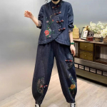 Etniline stiil Retro ketassulgur Vaba suur suurus Tikitud denim L&auml;&auml;ne stiilis &uuml;likond Liha kattev ja salendav K&otilde;igega sobiv Naiste kaheosaline &uuml;likond XXL sinine