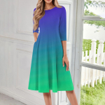 Naiste vabaaja moodne &uuml;mara kaelusega kolmveerandvarrukatega midikleit L sinine