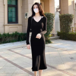 Temperamentne V-kaelusega kootud kleit S&uuml;gis-/talvine naister&otilde;ivad &Otilde;rn stiil Slim Fit puusa kallistav kampsunkleit S