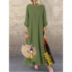 Puuvillane linane vintage pikad kleidid naistele, kolm neljandikku varrukatega, liimitud prindiga avar A-kujuline kleit, mood, vabaaja daam Maxi Vestido M oranž