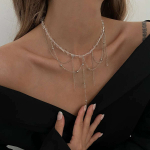 PuRui Trendy copper Color Crossing Thin Chain Necklace Women Acrylic Beads Long Tassel Pendant Simple Temperament Banquet New