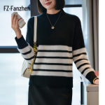 Women's 100% Wool Half-High Neck Striped Knit Sweater XL