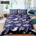 Sinine ja Valge Multikakala Haimi Prindiga Laste Tekikott Poistele T&uuml;drukutele Luksuslik Toakujundus Lastele Teismelistele Kingitus Kuninganna Suurus EU Single(135*200cm)3pcs