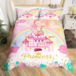 Vikerkaare lossi tekikott King Queen Laste T&uuml;drukud Multikas T&uuml;drukulik Voodipesu Komplekt Printsessi lossi tekikate Magamistoa tekikate EU Single(135*200cm)3pcs