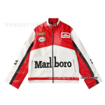 Marlboro Roosa Mootorrattas&otilde;idu &Uuml;likond & Paari PU Nahast Jakk, 2026 Marlboro PU Jacket red