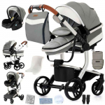 BAZARLAND30.Poussette 3 en 1 B&eacute;b&eacute; Combin&eacute;e Si&egrave;ge-Auto Nacelle Trio R&eacute;versible cuir pu Roues increvables Canne. GRIS hall