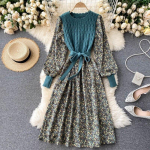 Velvetist lillelised naiste kleidid Vintage silmkoelised lapit&ouml;&ouml;d Vestidos De Mujer Magus Korea pikk kleit A-joon S