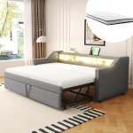 Polsterdatud v&auml;ljat&otilde;mmatav diivanvoodi 90/180 x 190 cm, Multifunktsionaalne panipaik, LED-valgusti ja USB-port, Lamellp&otilde;hi, Helehall 203.5 x 102 x 74 cm helehall v&auml;rv