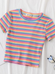 Uus T-s&auml;rk naiste vikerkaare triibulised topid Slim Fit t-s&auml;rk Harajuku T-s&auml;rk Suvine l&uuml;hikeste varrukatega Korea T-s&auml;rk naiselik riided Topid M