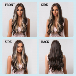 Pikad lainelised s&uuml;nteetilised parukad Tumepruunid blondide esilet&otilde;stetud parukad naistele igap&auml;evaseks kasutamiseks, kuumakindla keskmise osaga Cosplay parukas