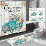 4 tk lilledega autoprinditud vannitoakomplekt 12 konksuga veekindel kardin, libisemiskindel vannitoavaip U-kujuline matt WC kaane kattepadja komplekt 4PCS Full Set