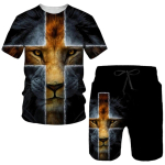 Suvised 3D Lion Cross Print meeste T-s&auml;rgid/l&uuml;hikesed p&uuml;ksid/&uuml;likond l&uuml;hikeste varrukatega Jeesus armasta k&otilde;iki Christian Street Wear 2 tk dressikomplekt XXL
