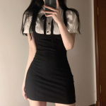 V&otilde;ltsitud 2 tk kleidid Naiste puhvis varrukas Preppy Style Hotsweet Sheath Mini Korea versioon &Scaron;ikk temperament Vanust v&auml;hendav vintage ins S must