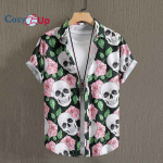 Skull & Flower Print meeste vabaaja l&uuml;hikeste varrukatega s&auml;rk, meeste s&auml;rk suvepuhkuse kuurordiks, meeste topid, kingitus meestele S must