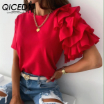 QICED Naiste mood vabaaja suvekevadine &uuml;hev&auml;rvilise tr&uuml;kiga l&uuml;hikeste varrukatega O-kaelusega pluusid ja s&auml;rgid XL