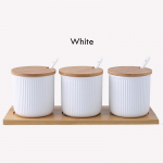 Keraamiline maitseainepott, sool, suhkur, v&uuml;rts ja pipar, bambusest kaanega kaanega alus, 3 maitseainepotti lusikatega must