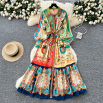 Kevadsuvi naiste br&auml;ndidisainer Vintage Print Runway Kleit Allakaela kraega pikk maxi s&auml;rk peokleidid M