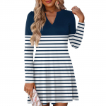 Naiste mood triibuline V-kaelusega pikkade varrukatega kleit M tumesinine