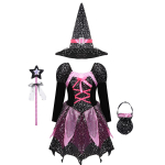 Kids Girls Witch Costume Cosplay Party Fancy Dress up Tutu Dress with Pointed Hat Wand Candy Bag Outfits 11-12 Years must