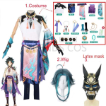 Xiao Cosplay kost&uuml;&uuml;m Cosplay Anime Xiao t&auml;iskomplekt Xiao parukasmaski t&auml;toveeringukleebis Halloweeni riietuseks M blue