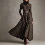 Naiste ruuduline s&auml;rgikleit, V-kaelusega, &uuml;he n&ouml;&ouml;biga, l&otilde;hikuga, maksikleit XXL pruun