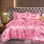 Luksuslik roosa žakard-satiinist voodipesukomplekt barokkstiilis pits&auml;&auml;rega tekikottikomplekt King Queen suurus kodukaunistuseks 2 padjap&uuml;&uuml;ri Flat Bed Sheet&1.2m(3pcs) roosa