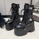 13CM &Uuml;lik&otilde;rged Naiste Platvormsaapad Kvaliteetne Nahk Paks Tald L&uuml;hikesed Saapad Retro Disain Punk Daam Ankel Saapad Botas Mujer 35 must