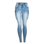 Naiste keskmise v&ouml;&ouml;kohaga kitsad cargo teksap&uuml;ksid, slim fit, streetwear, teksariidest p&uuml;ksid, heleda pesuga, puuvill-spandex, k&uuml;ljel lukuga taskutega S helesinine v&auml;rv