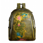 Johnature Retro seljakott K&auml;sitsi valmistatud reljeefne ehtsast nahast kott Naiste kott Esimese kihi veisenahast lillelised reisikotid roheline